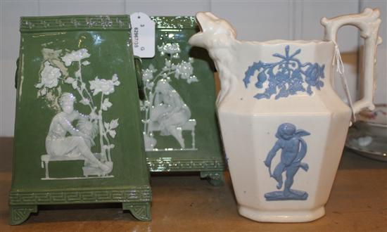 Pair Aesthetic sage green vases, pate sur pate-decorated (seconds) & a relief-decorated blue & cream jug with lion spout